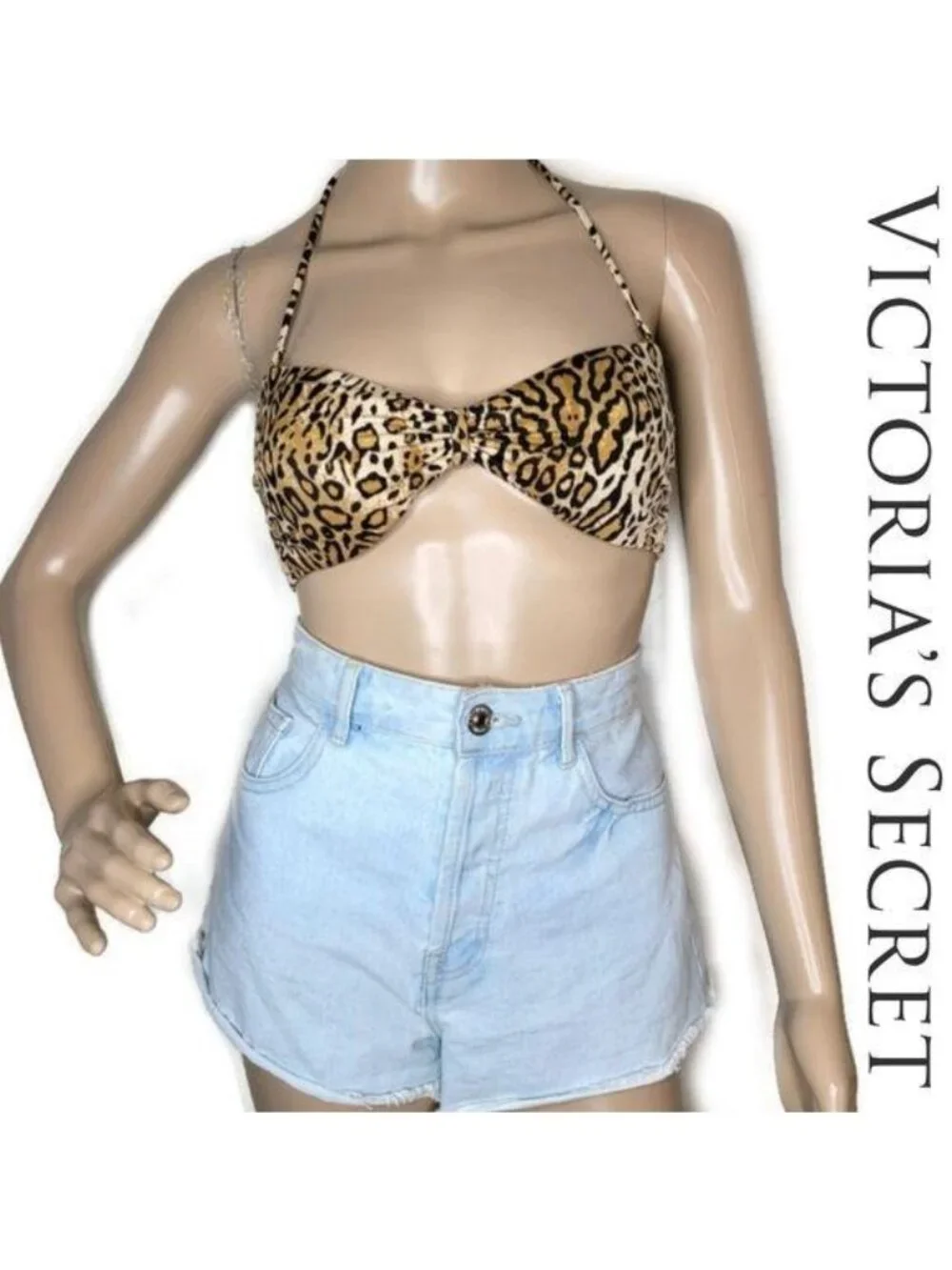 Victorias Secret Leopard Print Halter Bikini Top Tie Back Swimwear size medium